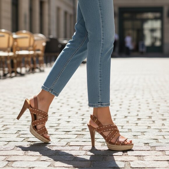 Ann Taylor LOFT Brown Leather Cream Stitching Platform Heels Women's Size 7M - Picture 1 of 11